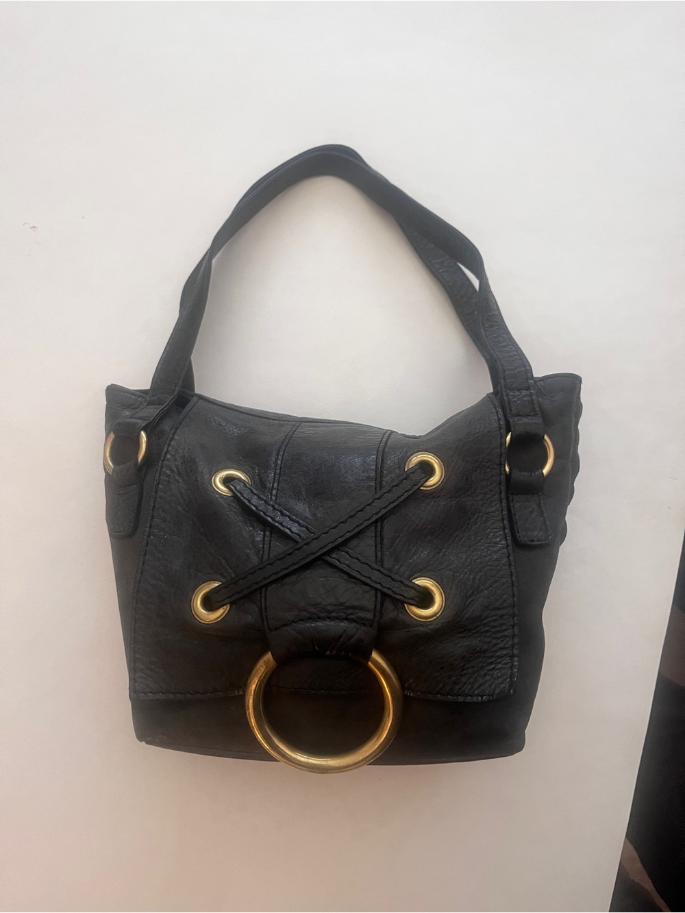Black Leather Shoulder Bag with Gold Ring Accent Marnie Bugs Orignial